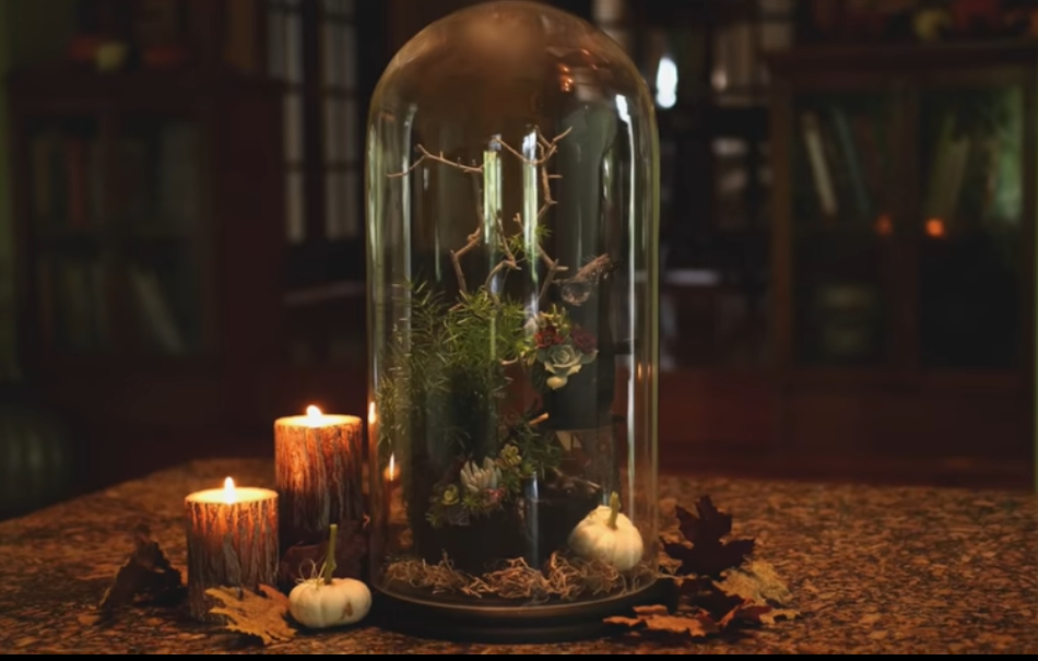 Spooky rat under glass with candles and plants